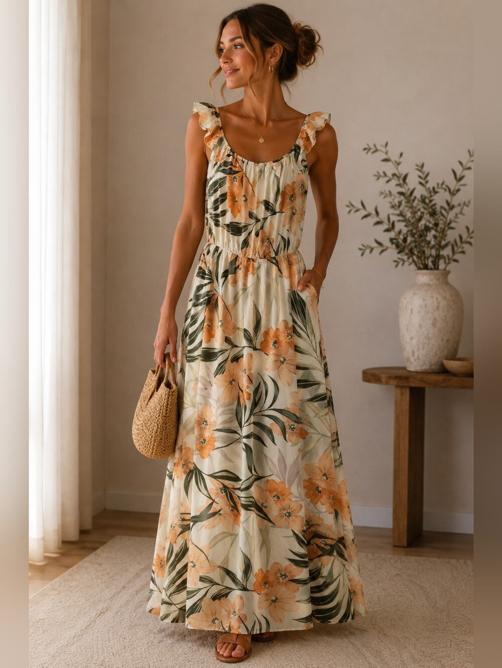NWOT Floral Ruffle Strap Midi Dress in Peach